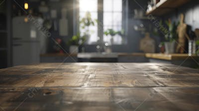 Mesa de madeira rústica em cozinha iluminada com espaço para texto