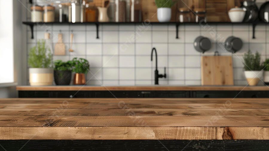 Mesa de madeira em cozinha rústica