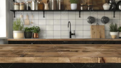 Mesa de madeira rústica em cozinha iluminada com espaço para texto