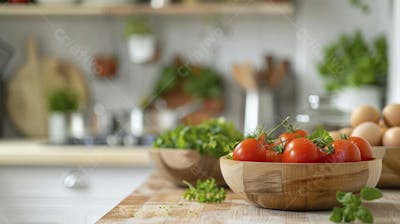 Mesa de madeira rústica em cozinha iluminada com espaço para texto