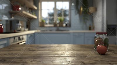 Mesa de madeira rústica em cozinha iluminada com espaço para texto