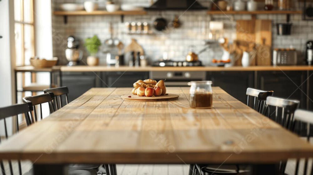 Mesa de madeira rústica em cozinha iluminada com espaço para texto