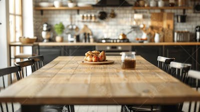 Mesa de madeira rústica em cozinha iluminada com espaço para texto