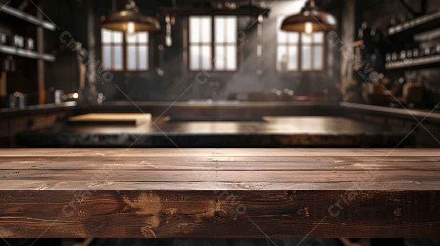 Mesa de madeira rústica em cozinha industrial