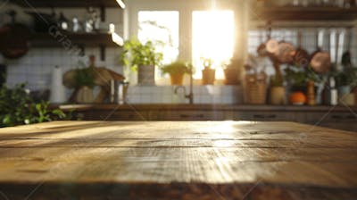 Mesa de madeira rústica em cozinha iluminada com espaço para texto