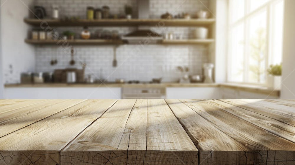 Mesa de madeira rústica em cozinha iluminada com espaço para texto