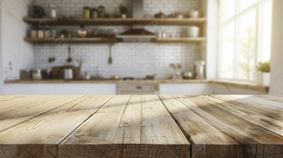Mesa de madeira rústica em cozinha iluminada com espaço para texto