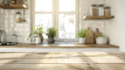 Mesa de madeira rústica em cozinha iluminada com espaço para texto