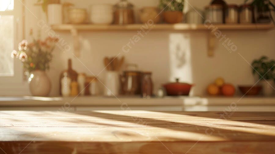 Mesa de madeira em cozinha iluminada pelo sol