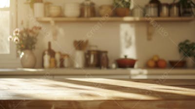 Mesa de madeira rústica em cozinha iluminada com espaço para texto