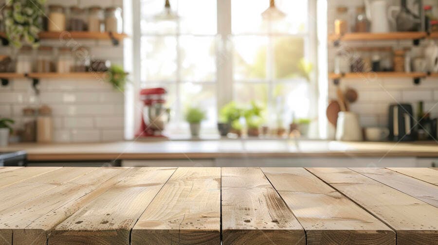Mesa de madeira em cozinha clara e aconchegante