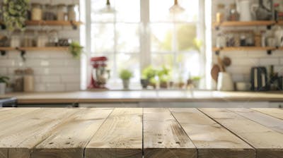 Mesa de madeira rústica em cozinha iluminada com espaço para texto