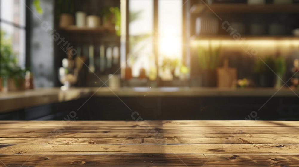 Mesa de madeira rústica em cozinha iluminada com espaço para texto
