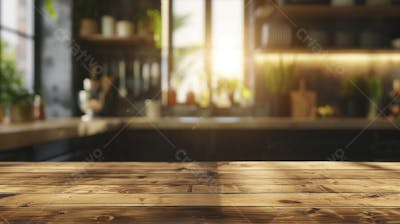 Mesa de madeira rústica em cozinha iluminada com espaço para texto