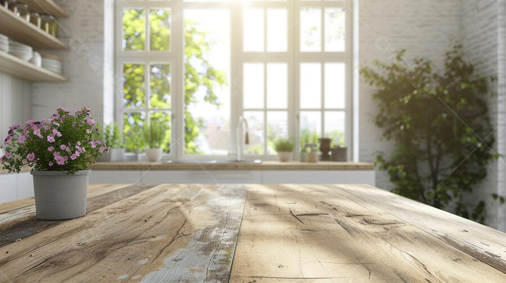 Mesa de madeira rústica em cozinha iluminada com espaço para texto