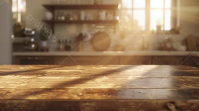 Mesa de madeira rústica em cozinha iluminada com espaço para texto
