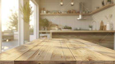 Mesa de madeira rústica em cozinha iluminada com espaço para texto