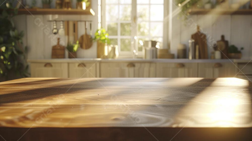 Mesa de madeira rústica em cozinha iluminada com espaço para texto