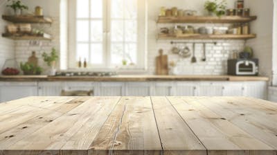 Mesa de madeira rústica em cozinha iluminada com espaço para texto