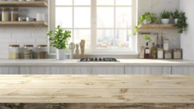 Mesa de madeira rústica em cozinha iluminada com espaço para texto