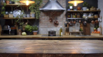 Mesa de madeira rústica em cozinha iluminada com espaço para texto