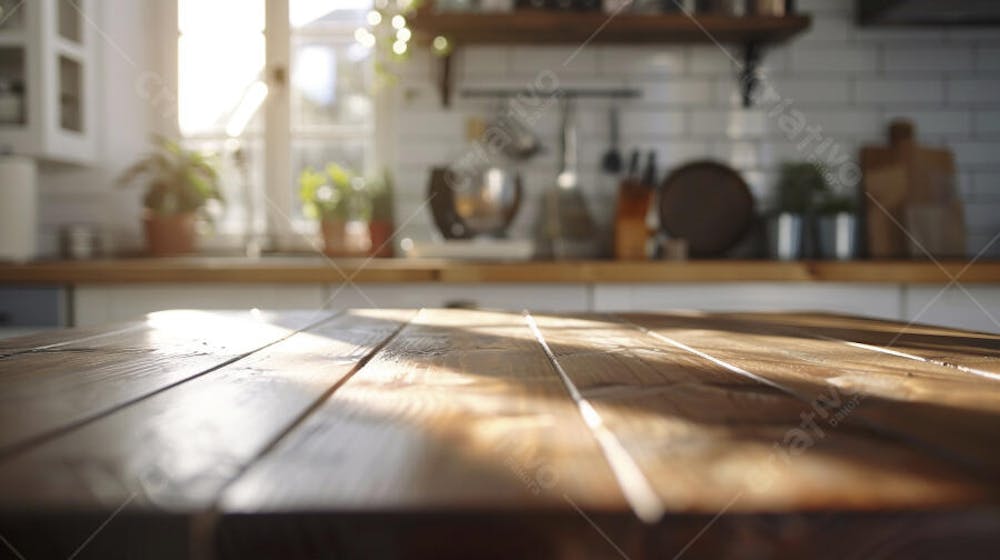 Mesa de madeira rústica em cozinha iluminada com espaço para texto