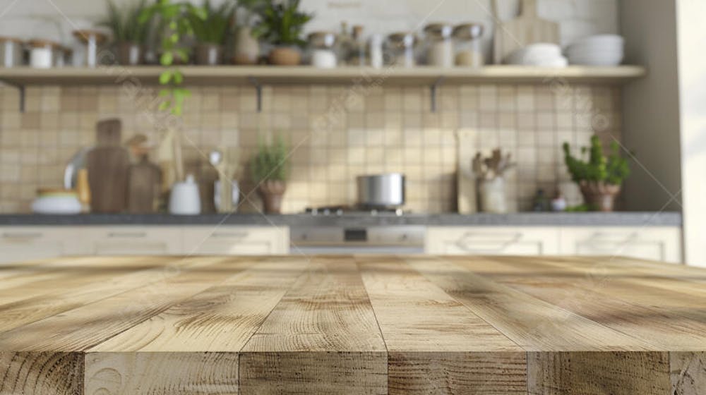 Mesa de madeira rústica em cozinha iluminada com espaço para texto