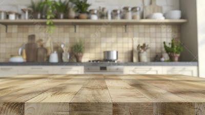 Mesa de madeira rústica em cozinha iluminada com espaço para texto