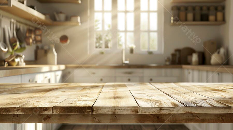 Mesa de madeira em cozinha clara e aconchegante