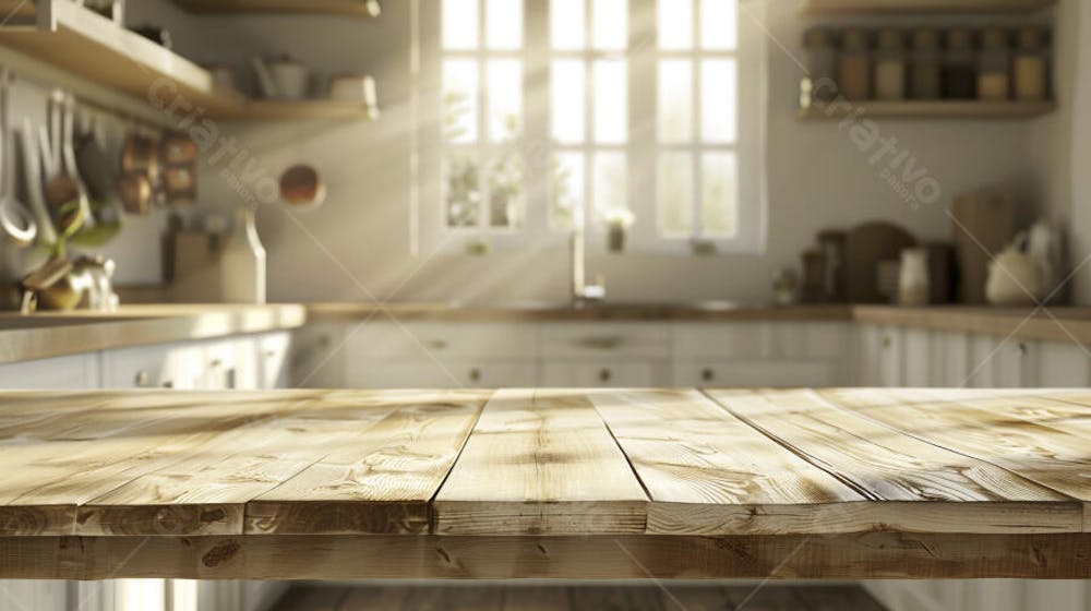 Mesa de madeira rústica em cozinha iluminada com espaço para texto