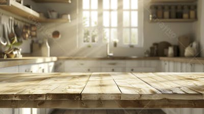 Mesa de madeira rústica em cozinha iluminada com espaço para texto