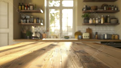 Mesa de madeira rústica em cozinha iluminada com espaço para texto