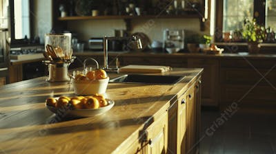 Mesa de madeira rústica em cozinha iluminada com espaço para texto