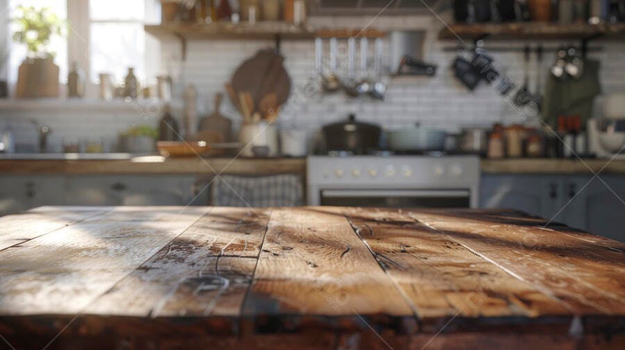 Mesa de madeira rústica em cozinha iluminada