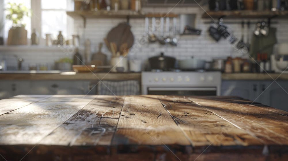 Mesa de madeira rústica em cozinha iluminada com espaço para texto