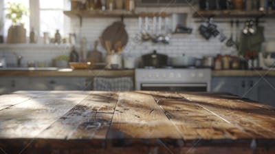 Mesa de madeira rústica em cozinha iluminada com espaço para texto