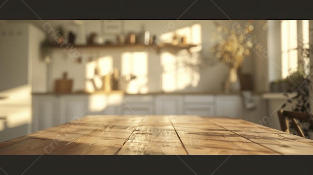 Mesa de madeira rústica em cozinha iluminada com espaço para texto