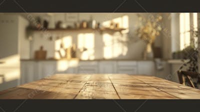 Mesa de madeira rústica em cozinha iluminada com espaço para texto