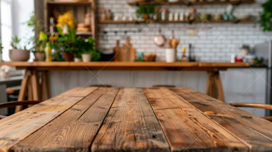 Mesa de madeira rústica em cozinha estilo farmhouse