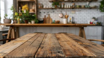 Mesa de madeira rústica em cozinha iluminada com espaço para texto