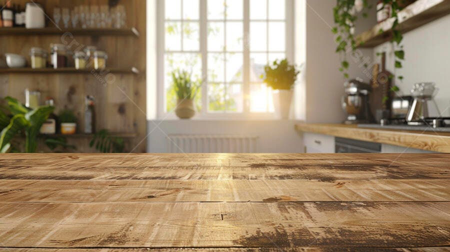 Mesa de madeira em cozinha rústica iluminada