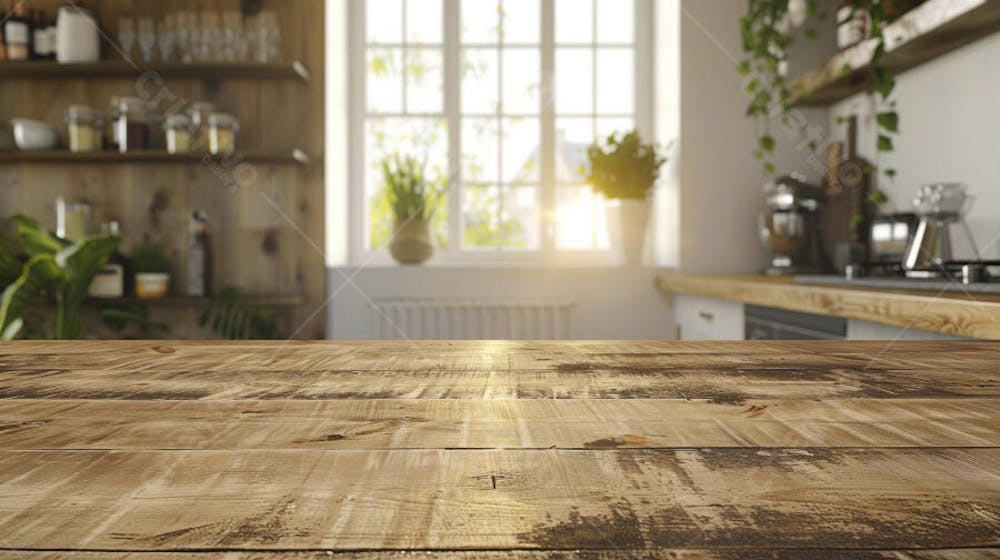 Mesa de madeira rústica em cozinha iluminada com espaço para texto