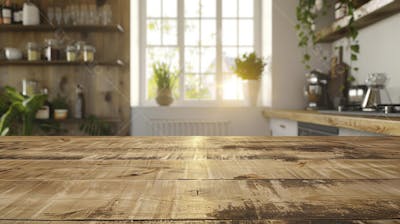 Mesa de madeira rústica em cozinha iluminada com espaço para texto