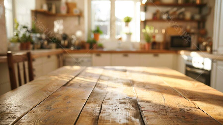 Mesa de madeira rústica em cozinha iluminada