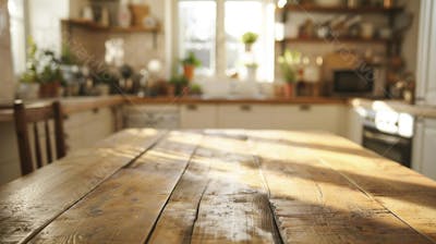 Mesa de madeira rústica em cozinha iluminada com espaço para texto