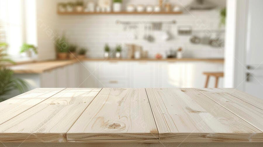 Mesa de madeira em cozinha clara