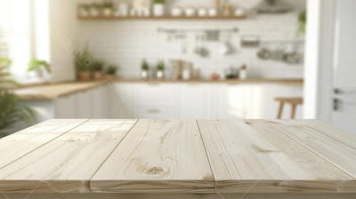 Mesa de madeira rústica em cozinha iluminada com espaço para texto