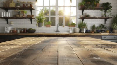 Mesa de madeira rústica em cozinha iluminada com espaço para texto