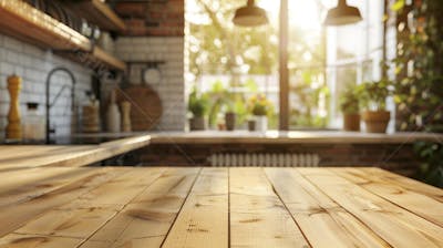 Mesa de madeira rústica em cozinha iluminada com espaço para texto