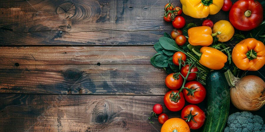 Frutas e legumes frescos sobre madeira